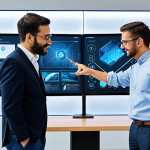A diverse group of professional adults, fully clothed in modest, contemporary business attire, are actively engaged in a cutting-edge creative learning hub. They are interacting with large digital displays showing advanced AI algorithms and collaborative design projects. The environment is bright and modern, featuring ergonomic workspaces and subtle technological accents. The scene conveys innovation and intellectual engagement. Perfect anatomy, correct proportions, natural pose, well-formed hands, proper finger count, natural body proportions, professional photography, high quality, safe for work, appropriate content, professional, family-friendly.
