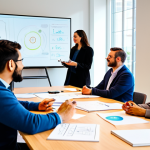 A diverse group of professionals, including men and women of various backgrounds, fully clothed in modest business casual attire, are gathered around a large, modern conference table in a sunlit innovation hub. They are actively engaged in a lively brainstorming session, with sketches and digital notes displayed on interactive whiteboards and large screens in the background. The atmosphere is highly collaborative and inspiring, emphasizing open communication and psychological safety. Perfect anatomy, correct proportions, natural poses, well-formed hands, proper finger count, natural body proportions. Professional photography, high resolution, soft lighting, vibrant colors, safe for work, appropriate content, fully clothed, professional.