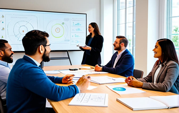 A diverse group of professionals, including men and women of various backgrounds, fully clothed in modest business casual attire, are gathered around a large, modern conference table in a sunlit innovation hub. They are actively engaged in a lively brainstorming session, with sketches and digital notes displayed on interactive whiteboards and large screens in the background. The atmosphere is highly collaborative and inspiring, emphasizing open communication and psychological safety. Perfect anatomy, correct proportions, natural poses, well-formed hands, proper finger count, natural body proportions. Professional photography, high resolution, soft lighting, vibrant colors, safe for work, appropriate content, fully clothed, professional.